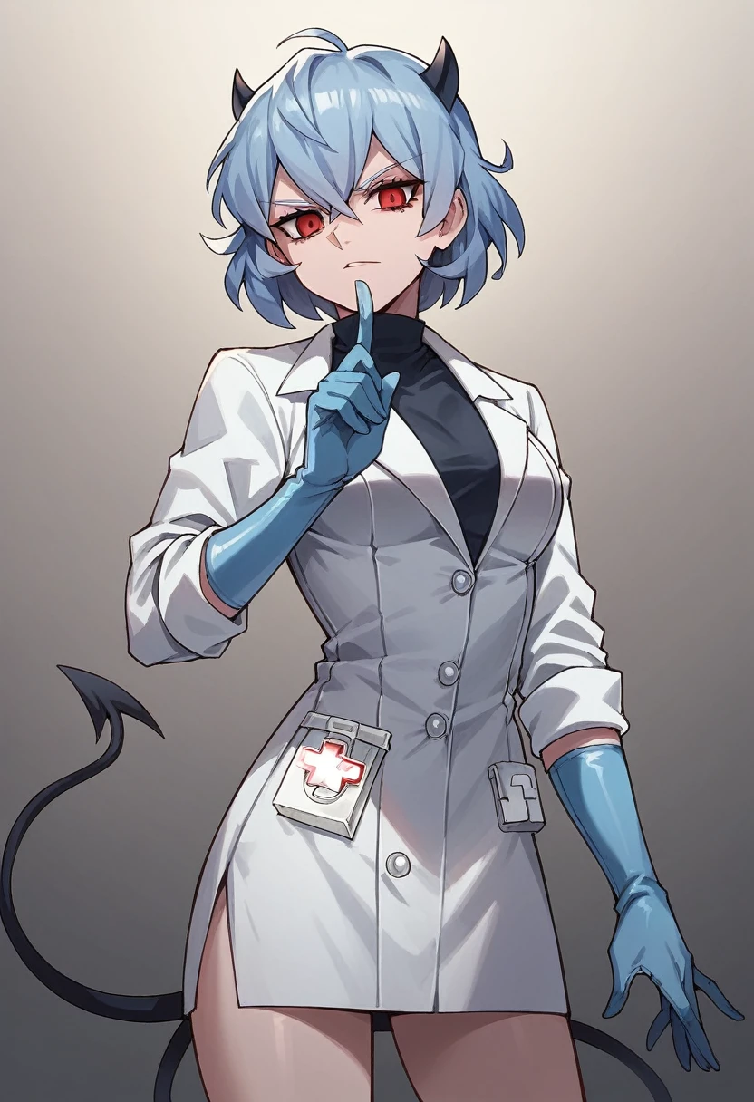 1girl, malina \(helltaker\), ((blue medical gloves)), ((surgical gloves)), ((latex gloves)), ((long sleeves)), looking at viewer, ((white doctor outfit)), standing, solo