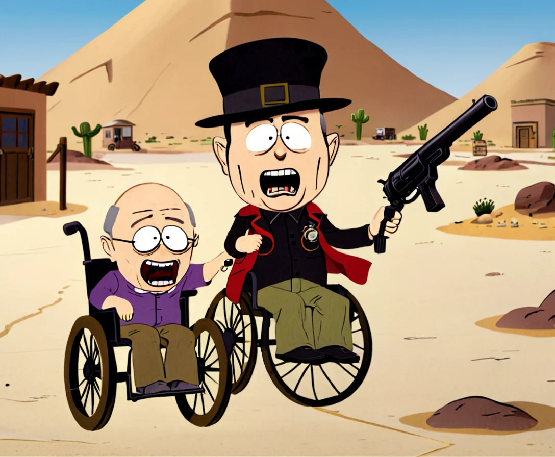 Mr Garrison, Evil Happy, open mouth, Spike Teeth, Creepy Face, holding Colt Revolver, sitting Wheelchair, Desert 