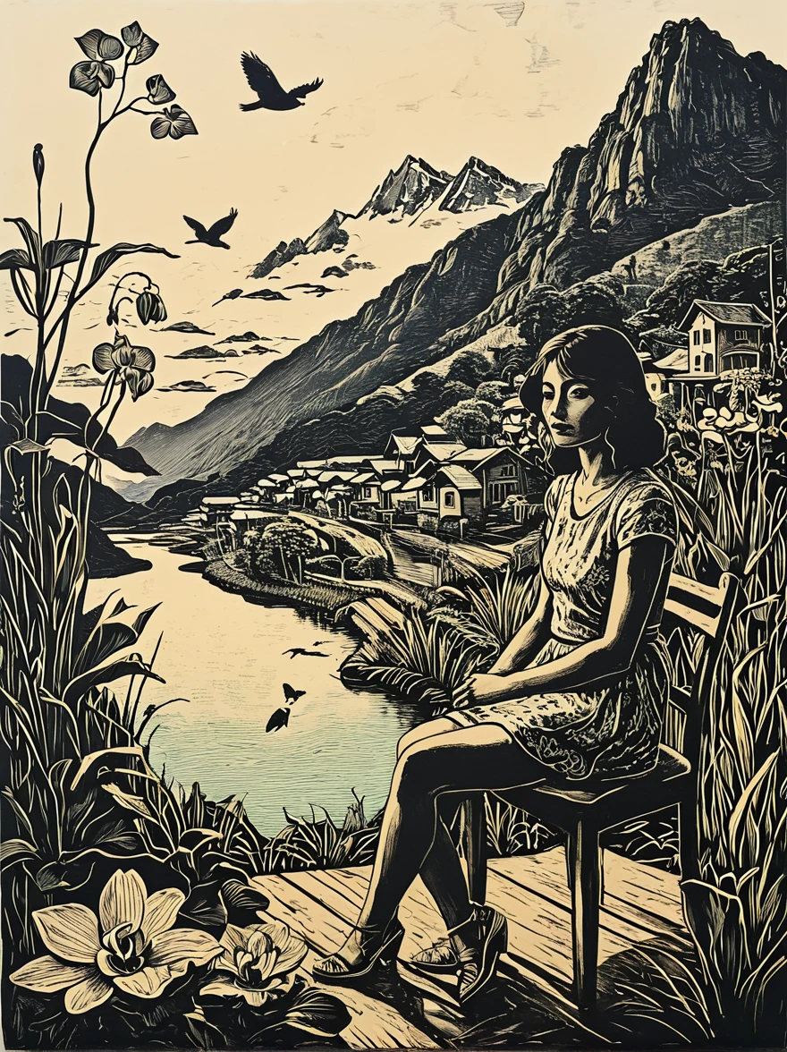 simple forms. childish. A woman sitting on a chair with an owl and a big frog and a river. modern expressionism, woodcut print of a mountain and many houses, big orchids,and mountain birds small and big, pastel colors. bold lines, high contrast,