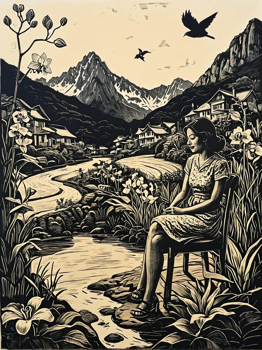 simple forms. childish. A woman sitting on a chair with an owl and a big frog and a river. modern expressionism, woodcut print of a mountain and many houses, big orchids,and mountain birds small and big, pastel colors. bold lines, high contrast,