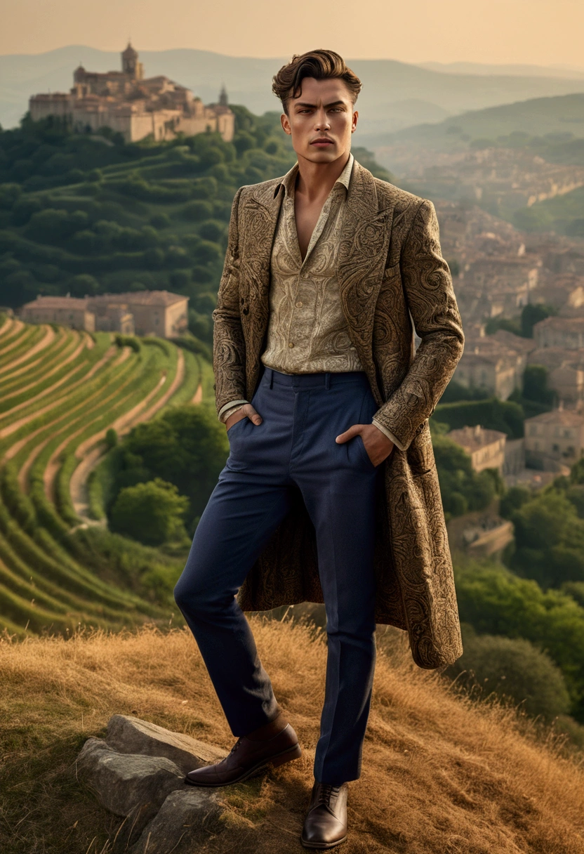 (Fashion Model), 35mm photograph, photorealistic, stand on hill with heroic pose looking view, full body, award-winning, cinematic still, emotional, vignette, dynamic, vivid, (masterpiece, best quality, Professional, perfect composition, very aesthetic, absurdres, ultra-detailed, intricate details:1.3)