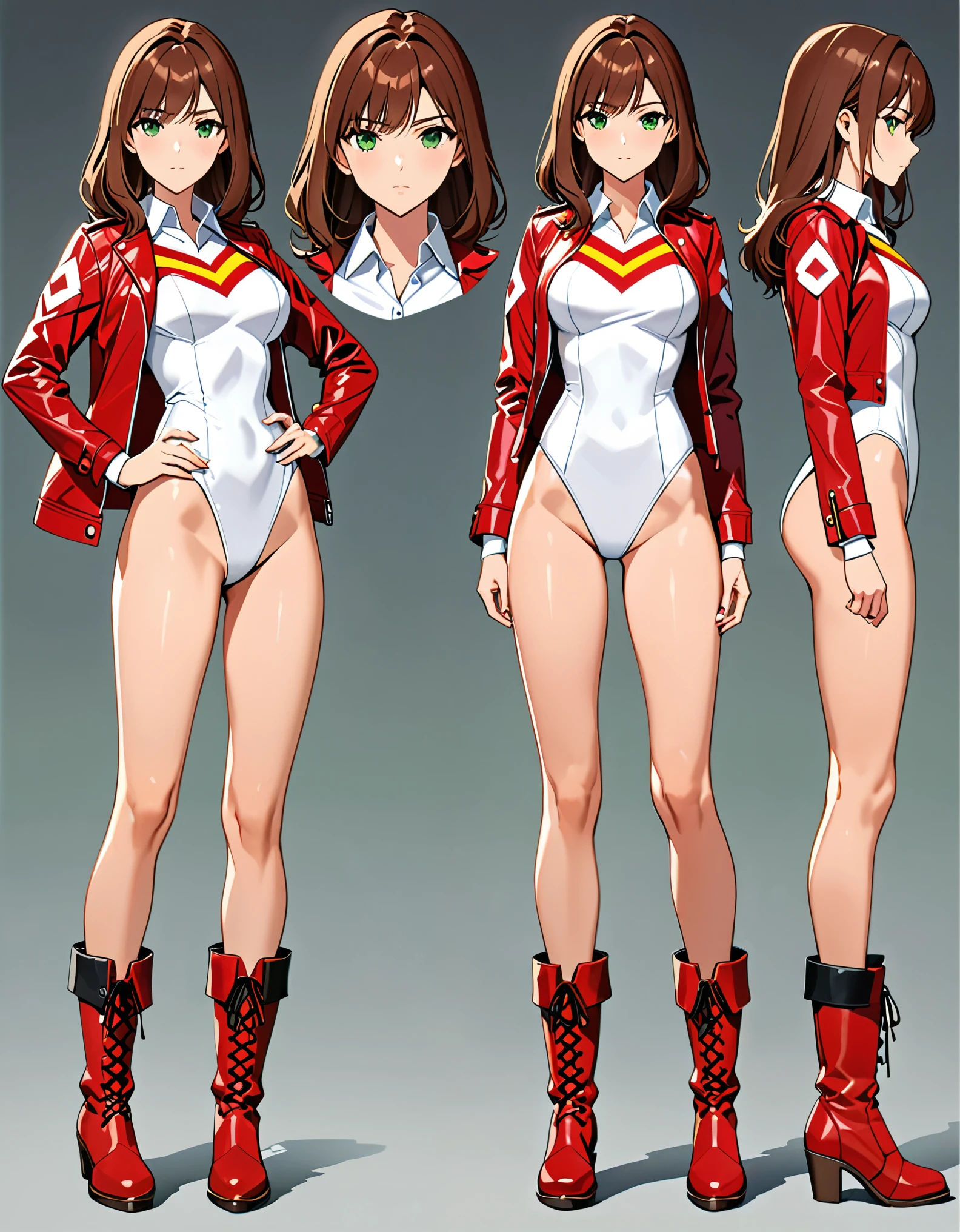 (masterpiece), (best quality), (high res), 1lady, tall body, beautiful detailed eyes, beautiful detailed face, serious, perfect hands, complete fingers, perfect anatomy, perfect proportions, ((brown hair, medium hair, hair down)), ((green eyes)), ((leotard, white leotard, matching leotard)), ((white dress collar, open collar)), ((bare legs)), ((boots, matching boots, ankle-high boots, red boots)), breasts, medium breasts, looking at viewer, (solo, solo focus), standing, (((yellow) upside-down chevron (symbol) on chest)), ((red leather jacket, open jacket)), full body costume design. Simple background, Multiple Views, Character Sheet Full-Length.
