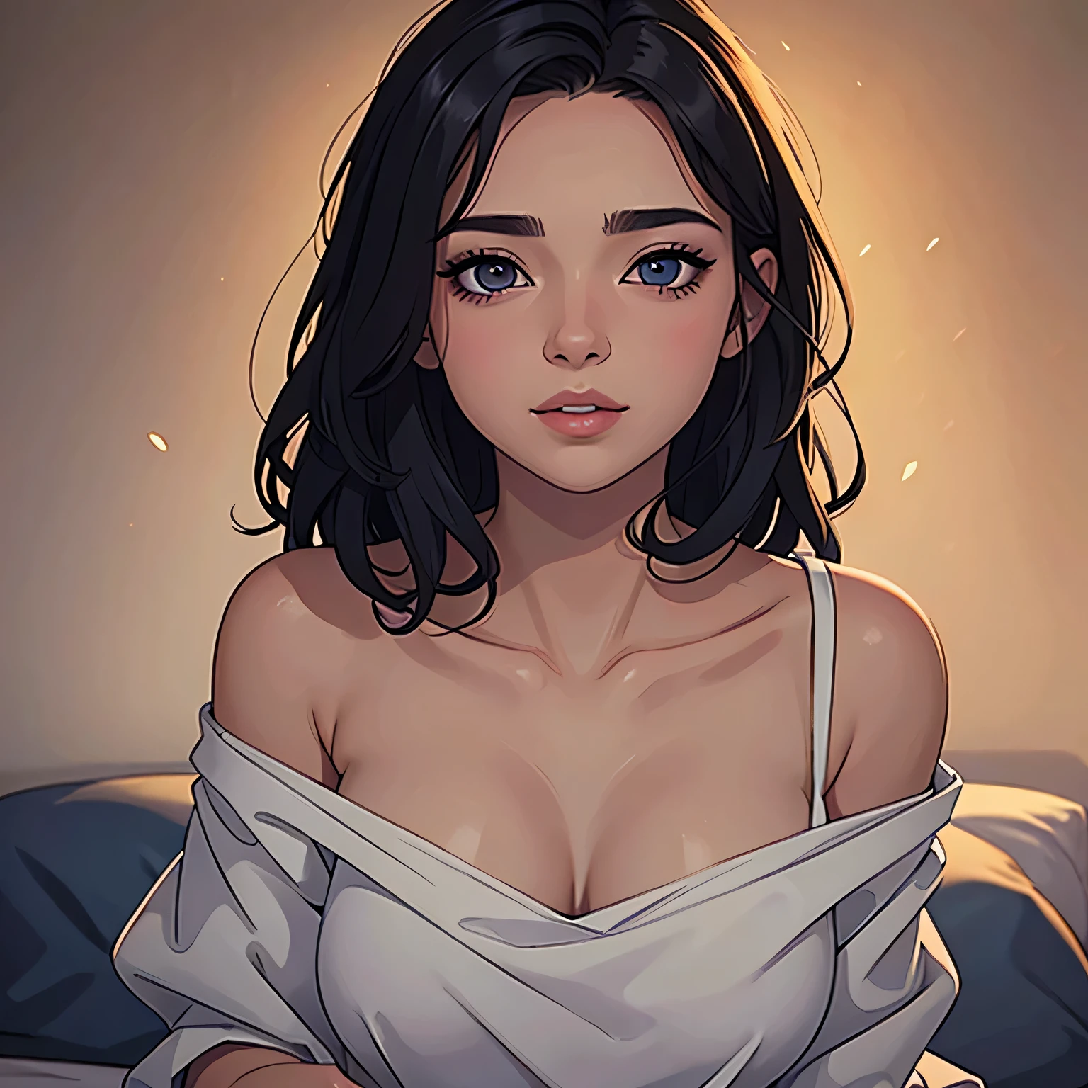 a beautiful woman with captivating gaze and alluring smile, wearing oversized t-shirt revealing bare shoulder, laying seductively on bed, 8k, high resolution, photorealistic, masterpiece, chiaroscuro lighting, dramatic colors, detailed facial features, beautiful eyes and lips, long eyelashes, natural skin texture, intricate clothing folds, soft lighting, warm color palette, cinematic composition