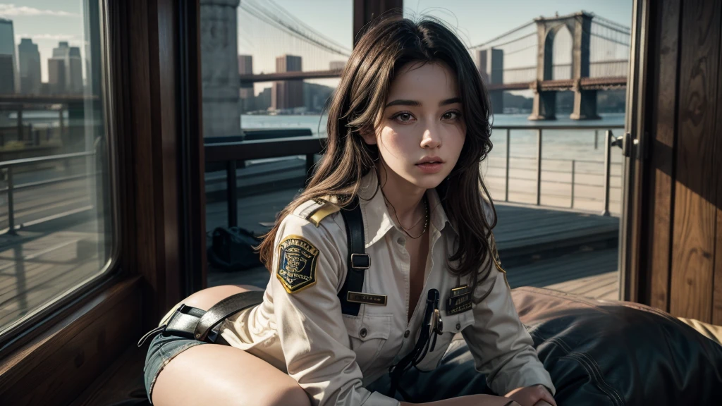 Create a 4k masterpiece, full of rich details, The central figure in the image is a female police officer, with brown hair , She wears a sexy and provocative black policewoman outfit with a gold badge, that represents your authority. The policeman is sitting on a sack , surreal