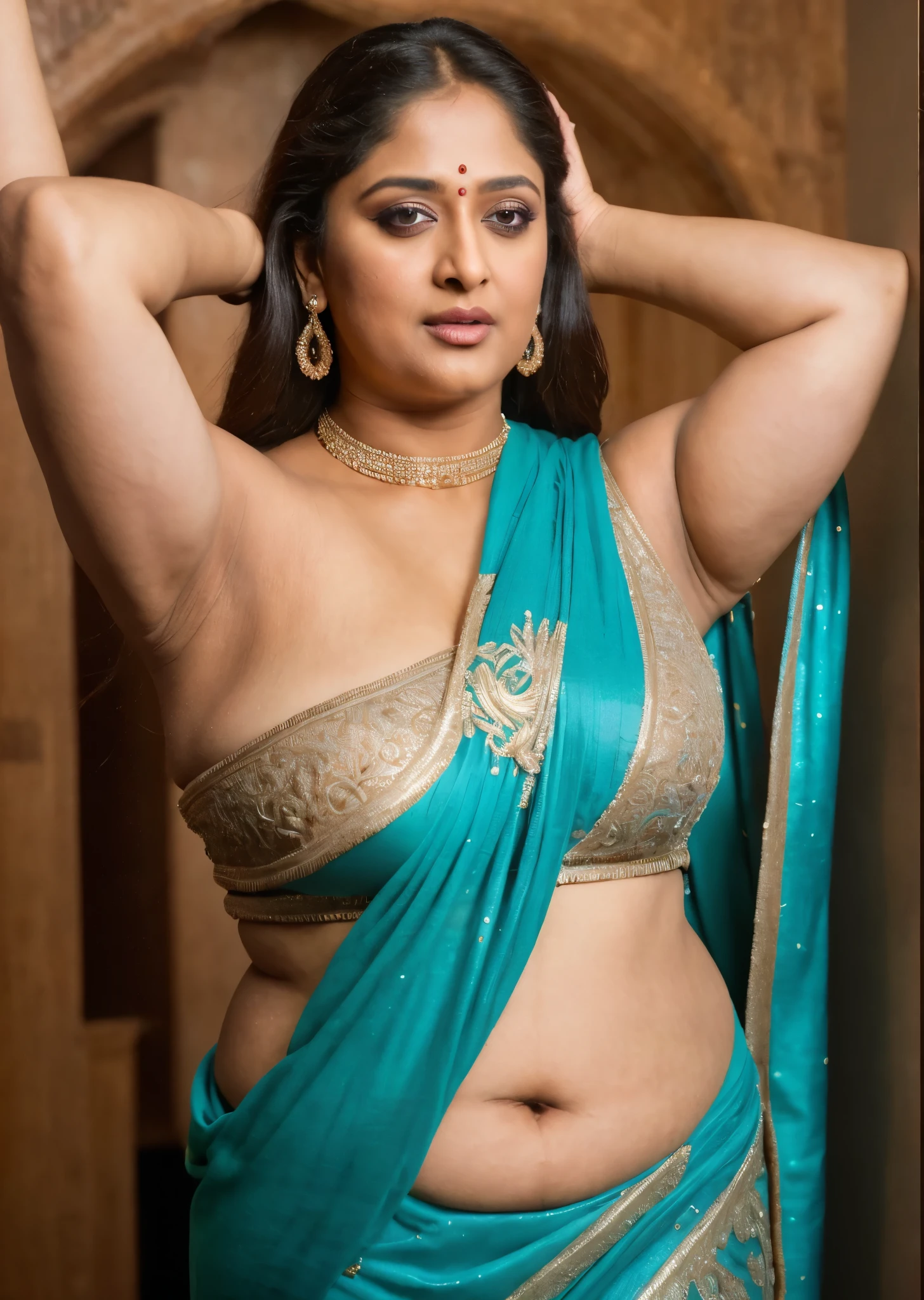 50yo mature MILF Anushka Shetty,((best quality)), ((masterpiece)), ((realistic)), eye kajal, mascara, red lips, sensual Beauty, provoking body, extreme sweat, sweat soaked skin, slight stretch marks, alluring figure,  bulging figure, thick charming lady, curvy, thick navel, full figured woman, eye kajal, massive breast, full body, styled hair, pierced eyes, female face,royal aura, trend on artstation , sharp focus, studio photo, intricate detail, very detailed, detailed eye, illustration, very detailed, sharp focus, digital render, professional, 4k