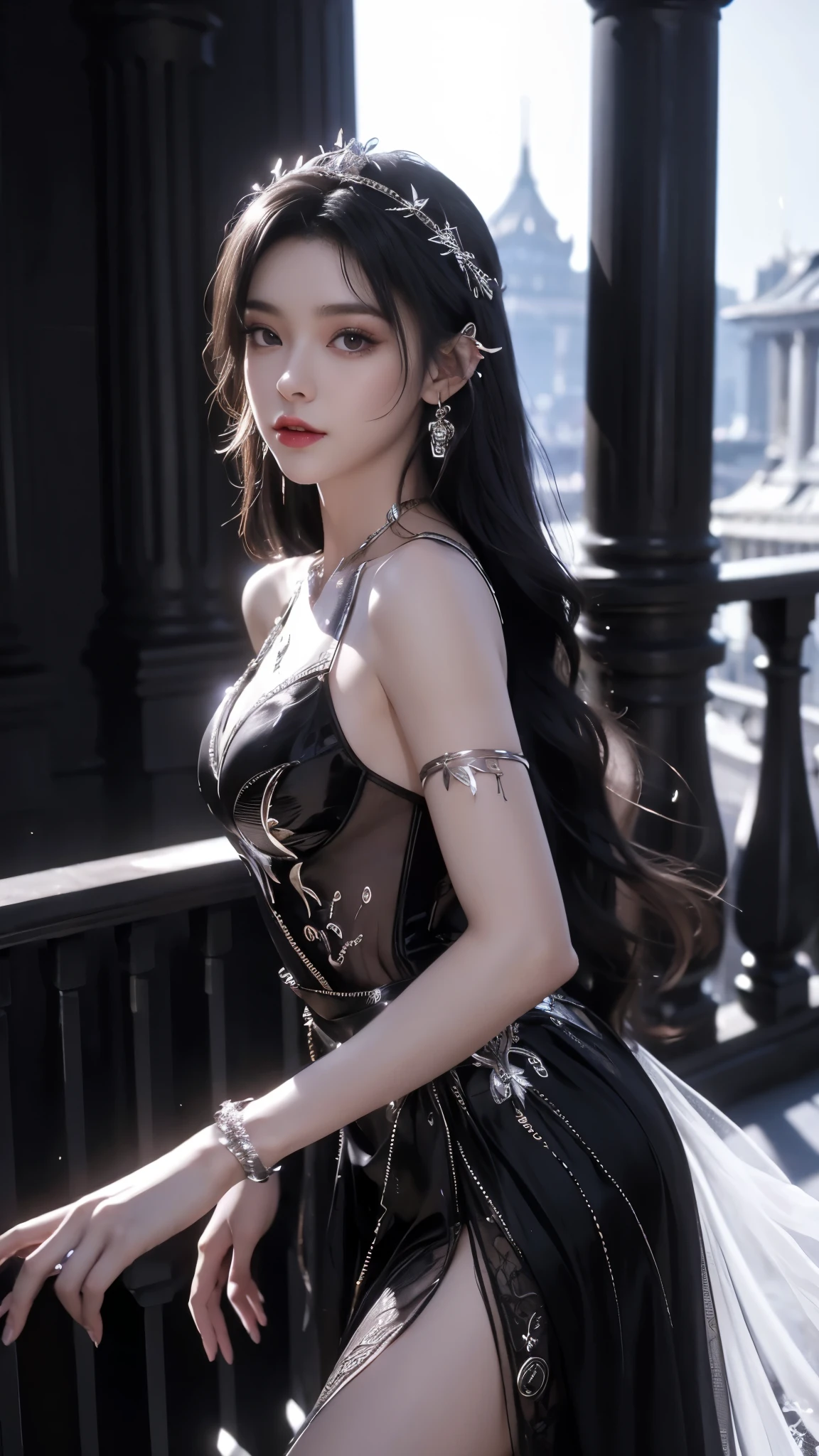 8K, UHD, MAsterpiece, best quality, 1 girl, (realistic face), happy pace, very long hair, small breasts, decorated dress, very beautiful ornaments dress, ((black and white color)), ((lace)), mesh dress, sardine, loops, legendary night balcony, depth of field, cinematic lighting, chromatic aberration, motion blur, glowing light, god rays, ray tracing, reflection light, backlighting, front short,