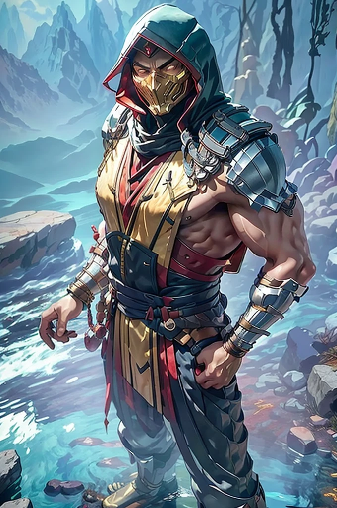 Master Man stands firmly in the center of the image, embodying determination and strength with a confident posture. His athletic and muscular build is accentuated by his outfit. He wears a large red hood with golden details at the top. Beneath the hood, he has a helmet or mask that covers the upper part of his face, leaving his eyes visible. This mask resembles lightweight armor. The character dons a flowing red cape that reaches the ground, made from a light and fluid material. Over a black tunic, he wears a black tactical vest with various pockets and straps. This vest features a utilitarian design with multiple compartments for carrying equipment or supplies. On his arms, Master Man sports golden bracelets with white straps, adding an elegant touch to the armor. The lower part of his outfit consists of black tactical pants that fit at the waist and extend down to his ankles. Under the tunic, he wears long white fitted socks that cover his legs down to his feet. His footwear is high-tech and imposing. Master Man’s face is partially covered by the helmet, showing only his intense, focused eyes. His skin has a tanned tone, and his blonde hair is visible in strands. He stands on a rocky plateau outdoors, on the edge of a cliff overlooking a vast landscape of mountains and valleys. The sky is partly cloudy, with rays of sunlight filtering through the clouds, casting a heroic glow on his figure. Behind him, buildings are visible in the distance.