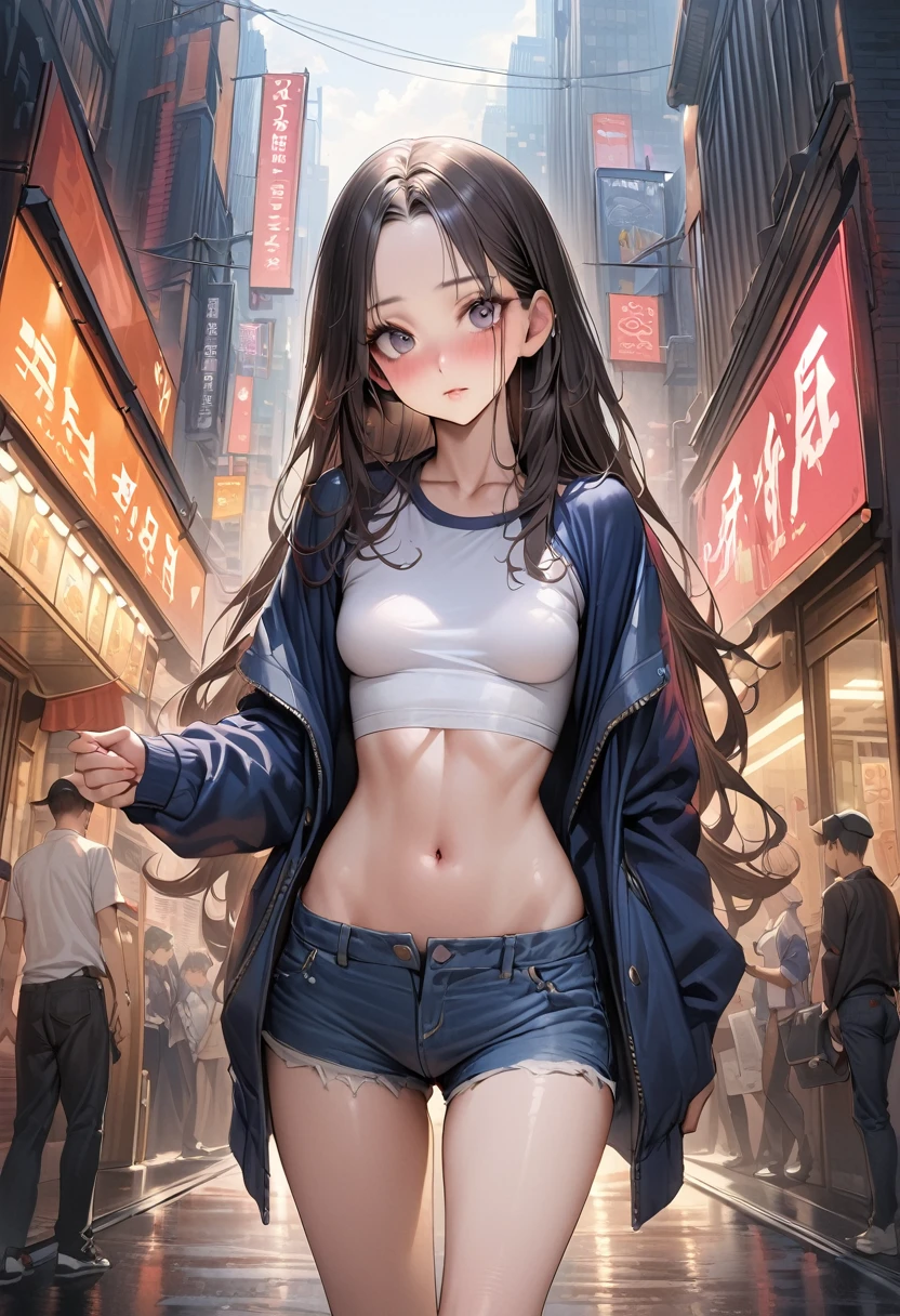 (((masterpiece,Highest quality:1.3,best quality illustration))),(realistic:),cowboy shot,独奏,1woman,(20 year old beauty),((very small head:1.2)),black hair,long hair,forehead,center parted bangs,black eyes,gorgeous big eyes,blush,((very long body)),(Navy blue baseball jacket),small breasts,gleaming skin,toned body,slender body,skinny,denim micro shorts,navel、Wearing a white tube top shirt and a blouson,on street,New York City、