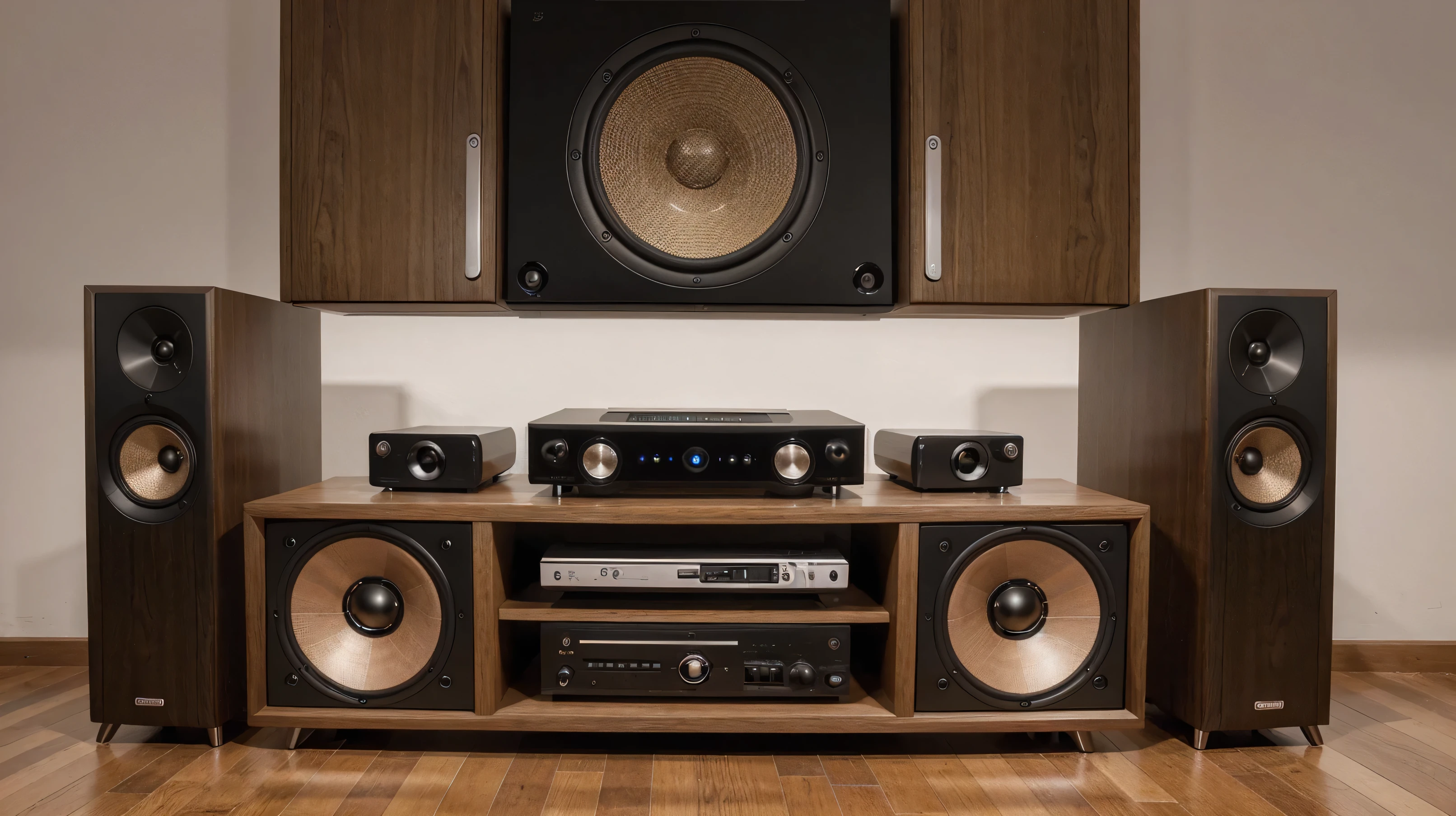A stereo with two side speakers and centralized front view, with symmetrical speakers