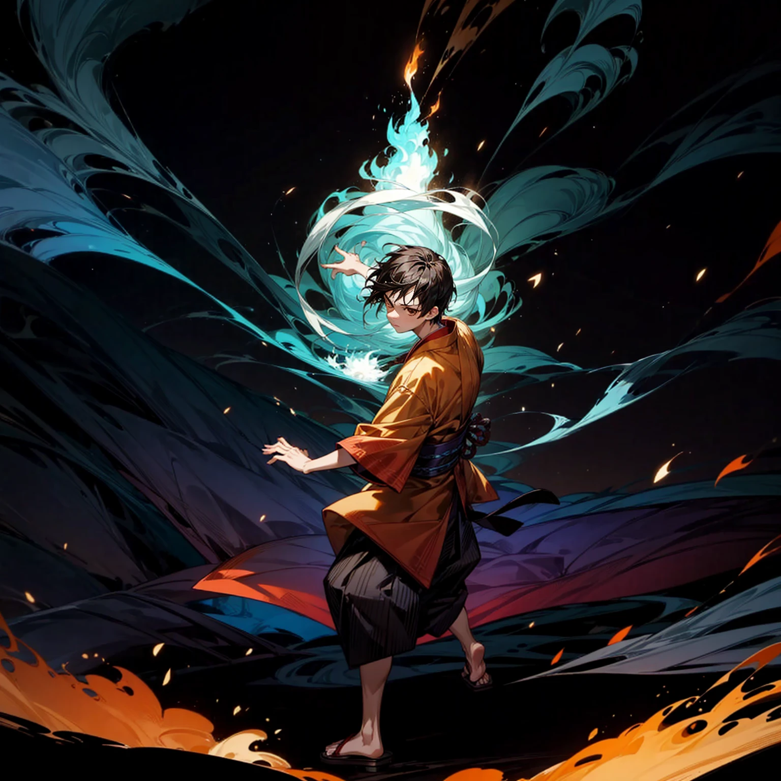 Solo, boy, full body version, Grassroots, ultra detailed, motion blur, brown eyes, black hair, short haircut, ancient Japanese traditional clothing style, Sandals, full background fire town, (one piece style art), standing gesture, big fire on hand, big fire in hand, Face focuses on hands, smoke effect on background, plasma effect, aura effect, light fire effect on hand, high angle view, bandage 