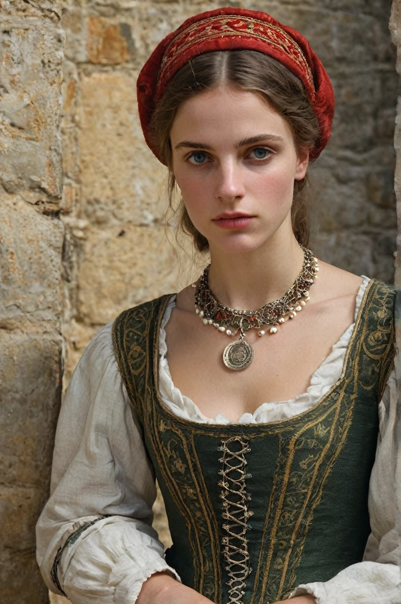 (photo realist), medieval french, 
Young female, __Appearance/body hair__, Peasant, 
Peasant outfit, decorated, neckleace, 
__ilm__, 
texture skin, (best qualityer, absurderes)