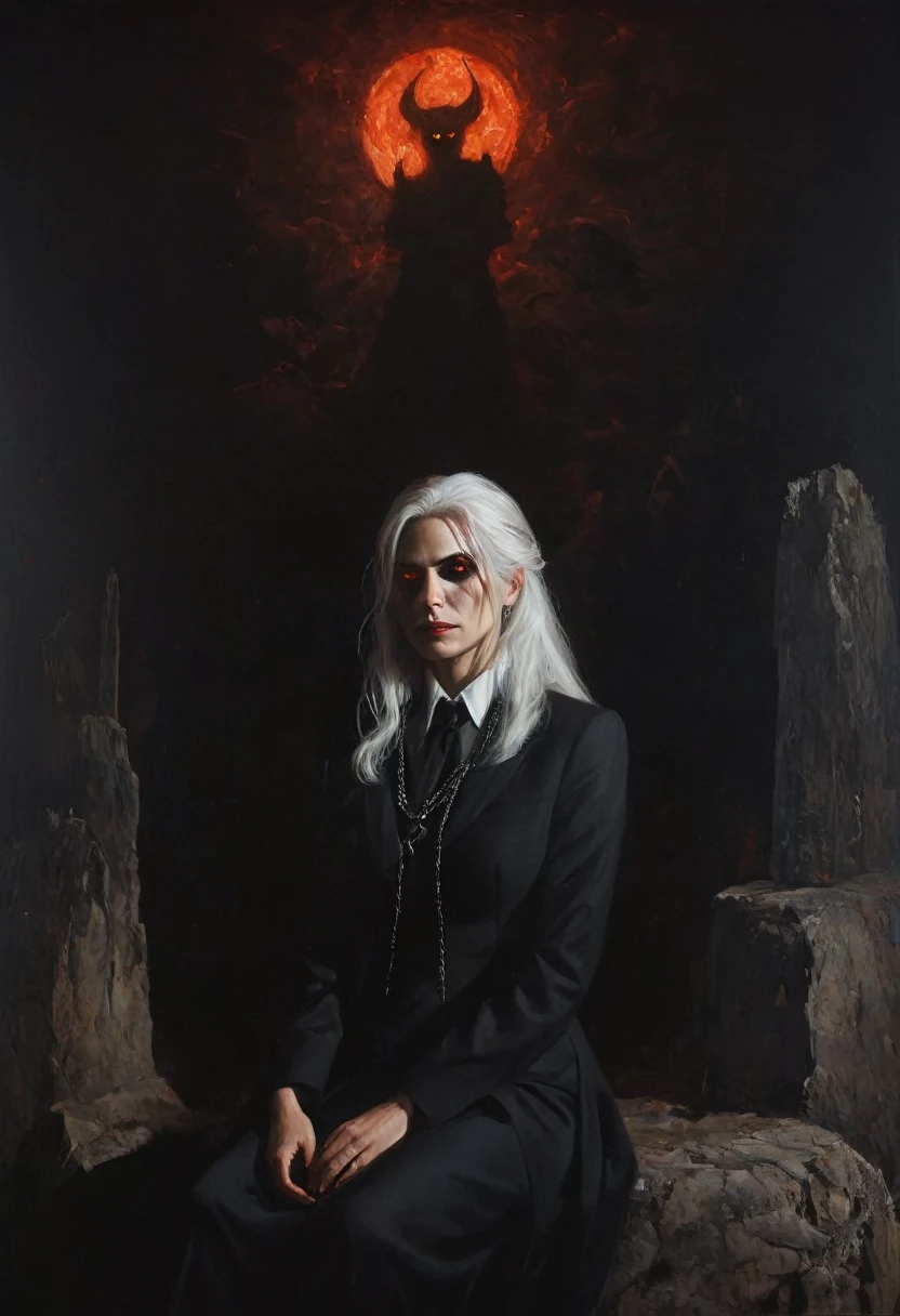 painting of a demonic beautiful devil woman,dressed in a black business suit, long white hair, sinister grin, glowing eyes, full-length against the backdrop of hell, powerfully and depravedly sitting on a black stone on a hill, Boris Valeggio, Julia Bell, brutal demons with red glowing eyes on a chain in a collar,on either side of her in the darkness, are deep shadows, soft lighting, dark atmosphere, cinematic scene, volumetric lights, ultra realistic, in the style of nicola samori