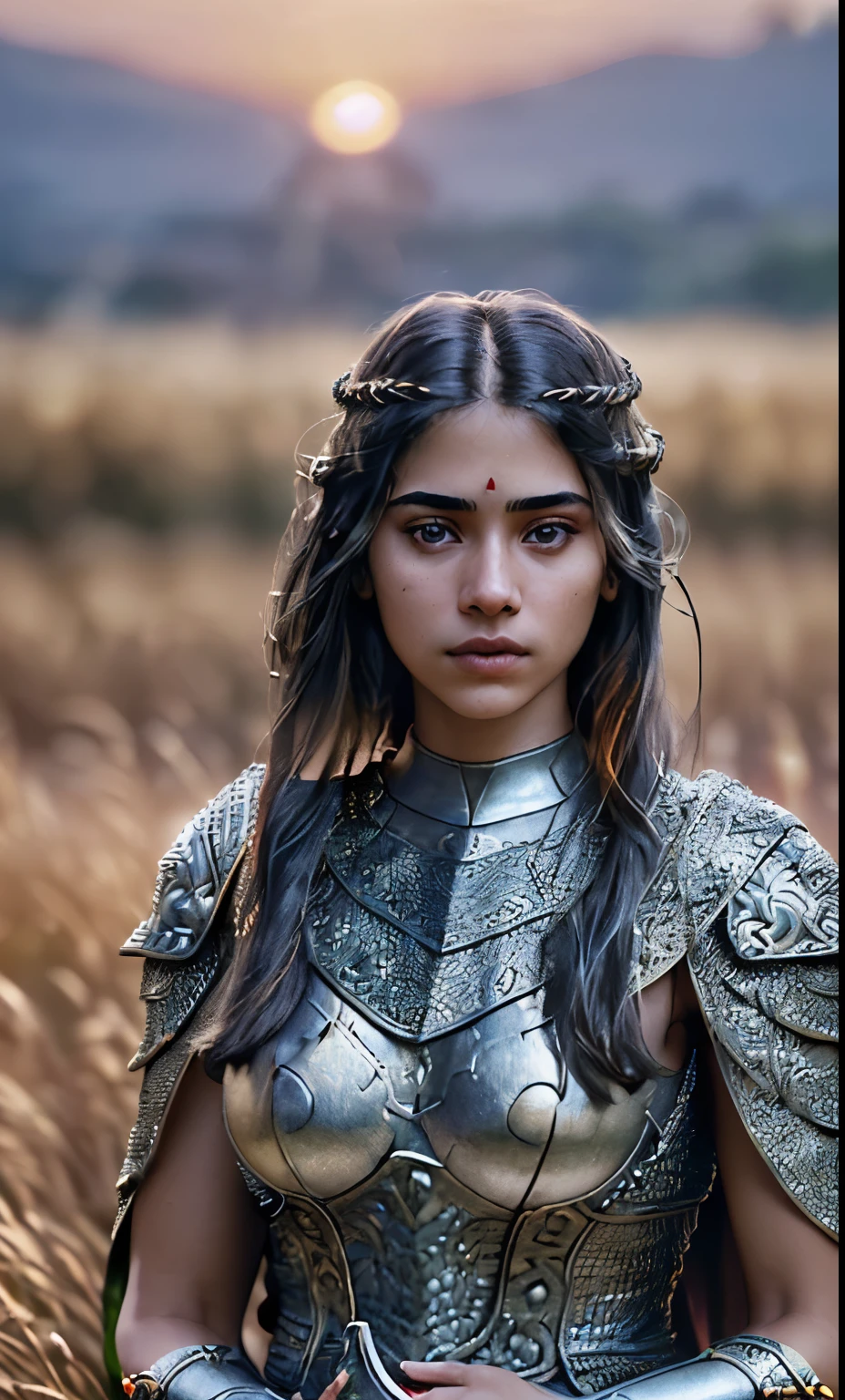 (masterpiece), (extremely intricate:1.3), (realistic), Indian of a girl, the most beautiful in the world, (medieval armor), , upper body, outdoors, intense sunlight, far away castle, professional photograph of a stunning woman detailed, sharp focus, dramatic, award winning, cinematic lighting, octane render  unreal engine,  volumetrics dtx, (film grain, blurry background, blurry foreground, bokeh, depth of field, sunset, motion blur:1.3), chainmail