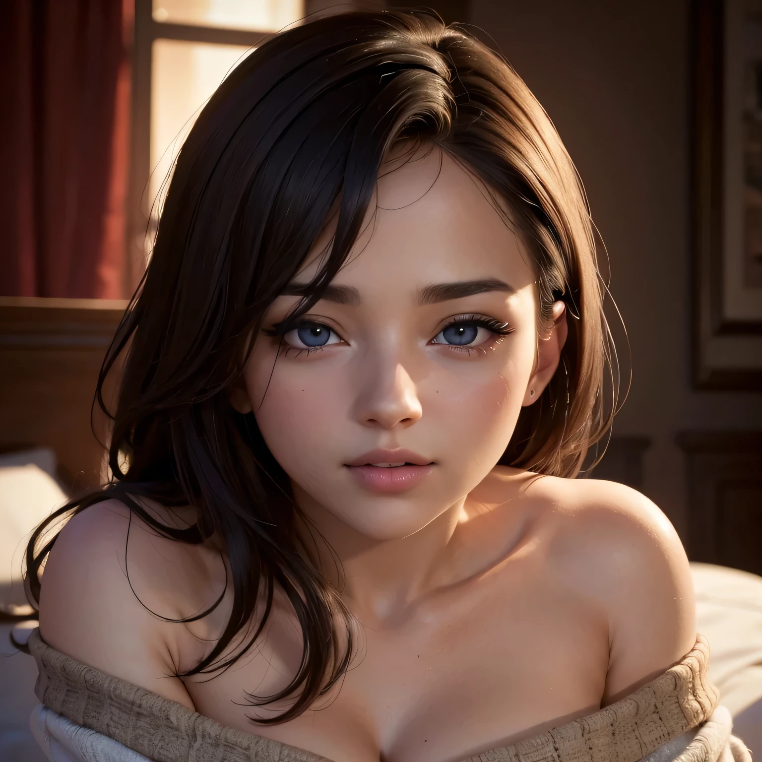 (best quality,4k,8k,highres,masterpiece:1.2),ultra-detailed,(realistic,photorealistic,photo-realistic:1.37),portraits,sexy,cute,beautiful face,intense gaze,smiling blush,black hair,ponytail,purple knitted off shoulder sweater,bare shoulders,black pants,lying on bed,head on pillow,facing up,medium chest,cleavage,perfect body