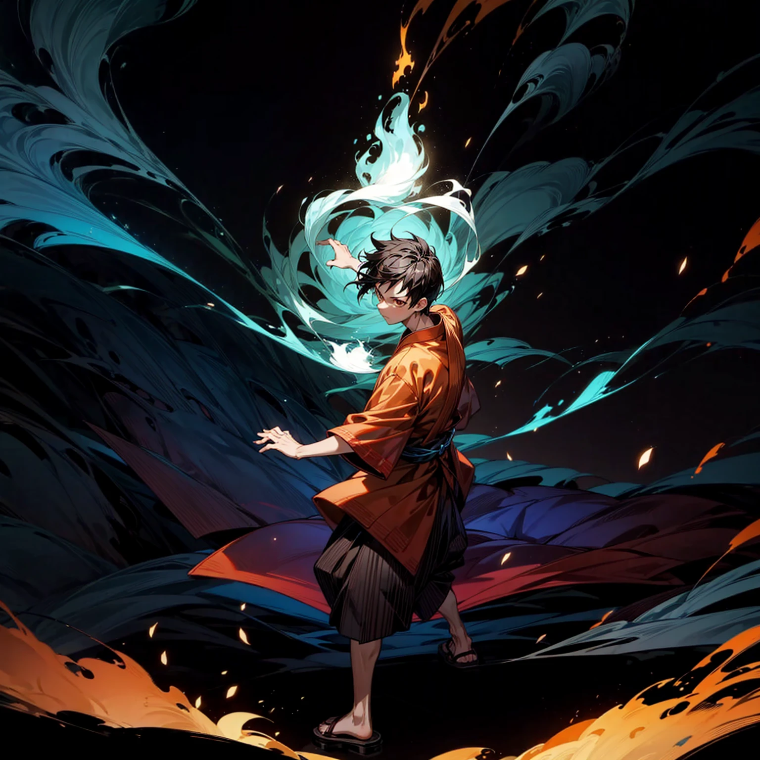 Solo, boy, full body version, Grassroots, ultra detailed, motion blur, brown eyes, black hair, short haircut, ancient Japanese traditional clothing style, Sandals, full background fire town, (one piece style art), standing gesture, big fire on hand, big fire in hand, Face focuses on hands, smoke effect on background, plasma effect, aura effect, light fire effect on hand, high angle view, bandage 