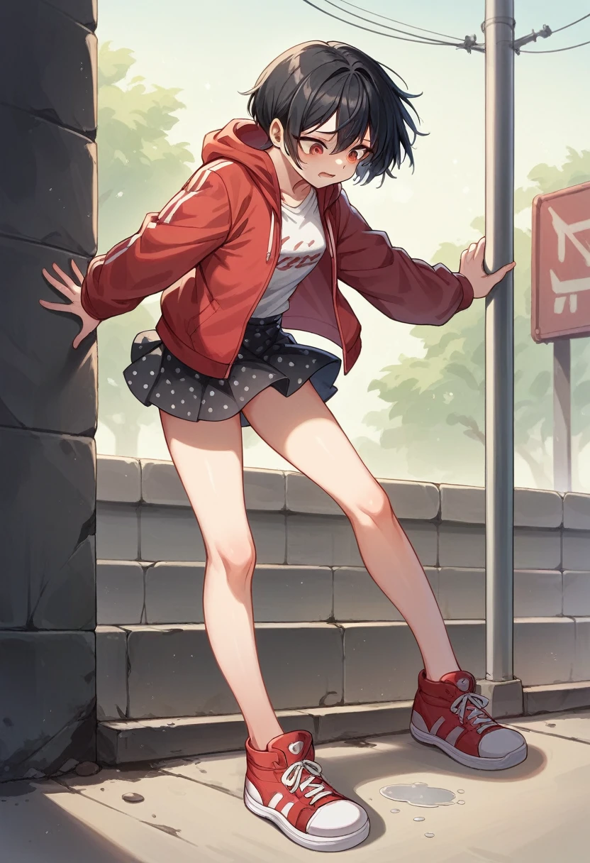 One 13-year-old girl,Wear a red hoodie,Wear a red polka dot mini skirt,Black Hair,Red sneakers,Stand backwards,Concrete walls and floors,Outdoor,Stand with your feet apart,Grab the hem of your skirt,To pee,spill liquid from crotch,Groove at the foot,The girl is Korean.