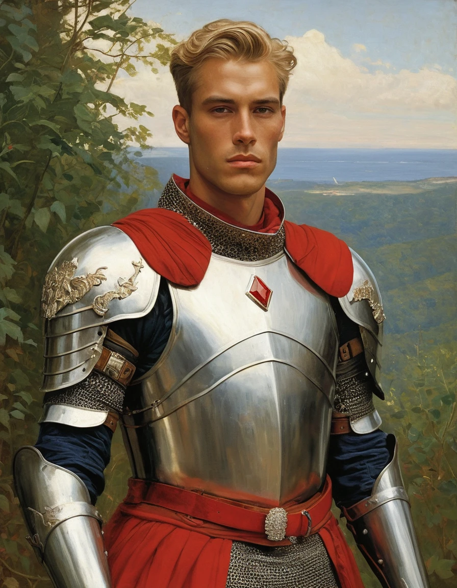 {Masterpiece, best quality, oil painting, soft tones, male focus}, ((by Odilon Redon, by J. C. Leyendecker, by Moebius)), (((the full body portrait of a male knight, sexy, tall, young, muscular, silver hair, tan skin, scarred face, sullen, arrogant, majestic))), (((((He is covered in blood, wearing futurist plate armor, with a red diamond shape in his chest))))). Jungle background, hawk moths flying.
