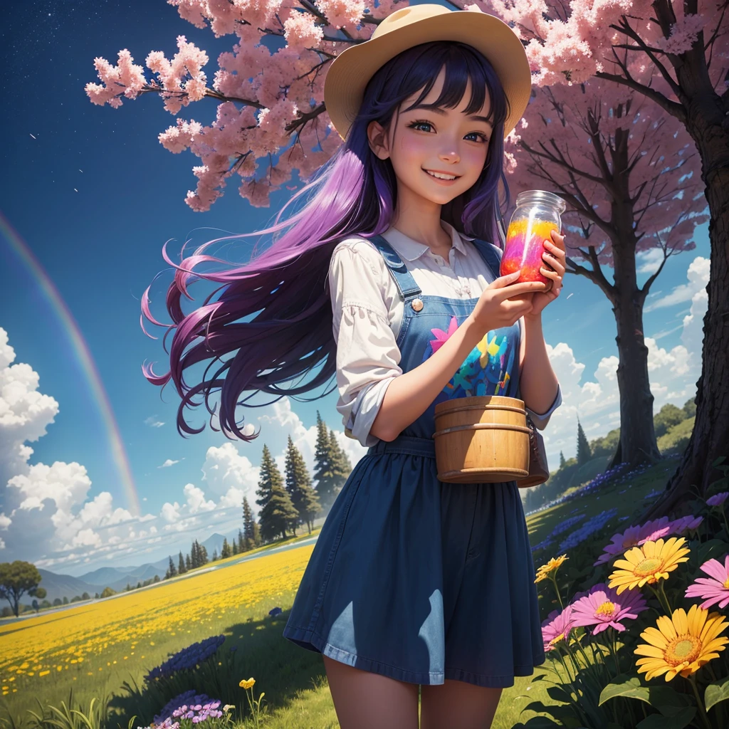 The girl stands with a shining smile on her face, holding a jar of magic paint in his hands. It is surrounded by a magical and colorful environment., with bright flowers, bright trees and sky, full of rainbows. 4k resolution
