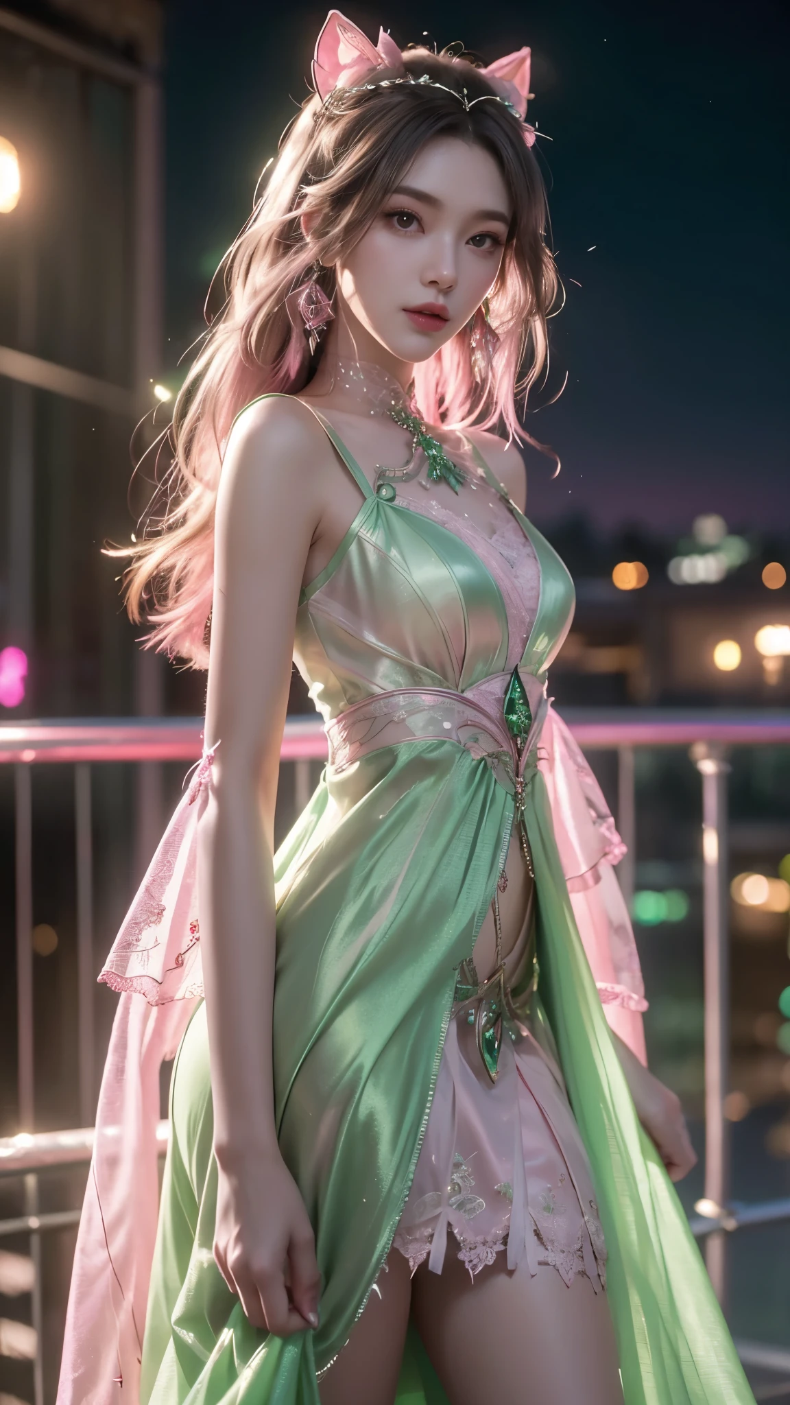 8K, UHD, MAsterpiece, best quality, 1 girl, (realistic face), happy pace, very long hair, small breasts, decorated dress, very beautiful ornaments dress, ((green and pink color)), ((lace)), mesh dress, sardine, loops, legendary night balcony, depth of field, cinematic lighting, chromatic aberration, motion blur, glowing light, god rays, ray tracing, reflection light, backlighting, front short,