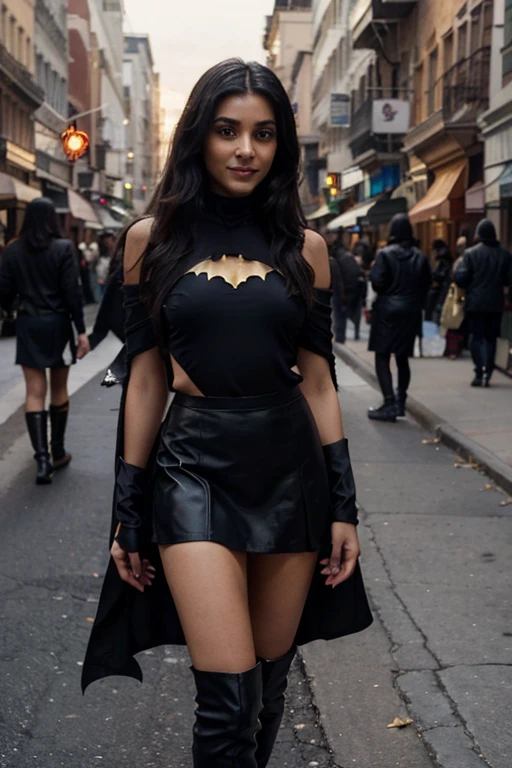 Indian girl as Bat girl on the city street, cinematic light, beautiful woman, skinny, medium breasts, black long hair, detailed face, smile, facing the camera, photo taken from a distance, wearing a sleek and iconic suit reminiscent of Batman's with black short flowy skirt, The suit features a dark, midnight blue bodysuit with a gold bat emblem on her chest, black short skirt, a flowing black cape draped elegantly over her shoulders, and stylish gold-trimmed boots, short flowy skirt