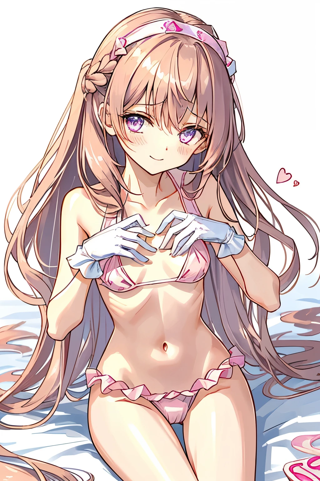 (1_girl, masterpeice, clean,beautiful:1.6), energetic, (anime:1.5), (soft:1.8), (young:1.5), (cute, beautiful:1.8), (extremely_delicate, delicate:1.8), (thin:1.3), (beach_background:1.5), (soft_eyes, simple_eyes, pink_eyes, dark_long_brown_hair:2), (wearing_pink_large_bikini, wearing_thin_white_gloves:1.8), (smooth:1.5), (maid), soft_chin, (cute_soft_smile:1.4), age_fits_body, (small_thighs, thin:1.3), (love_magic:1.5), (eye_level:1.3), (slim_body:1.3), (breasts), (love, love_magic, aphrodisiac:1.8)