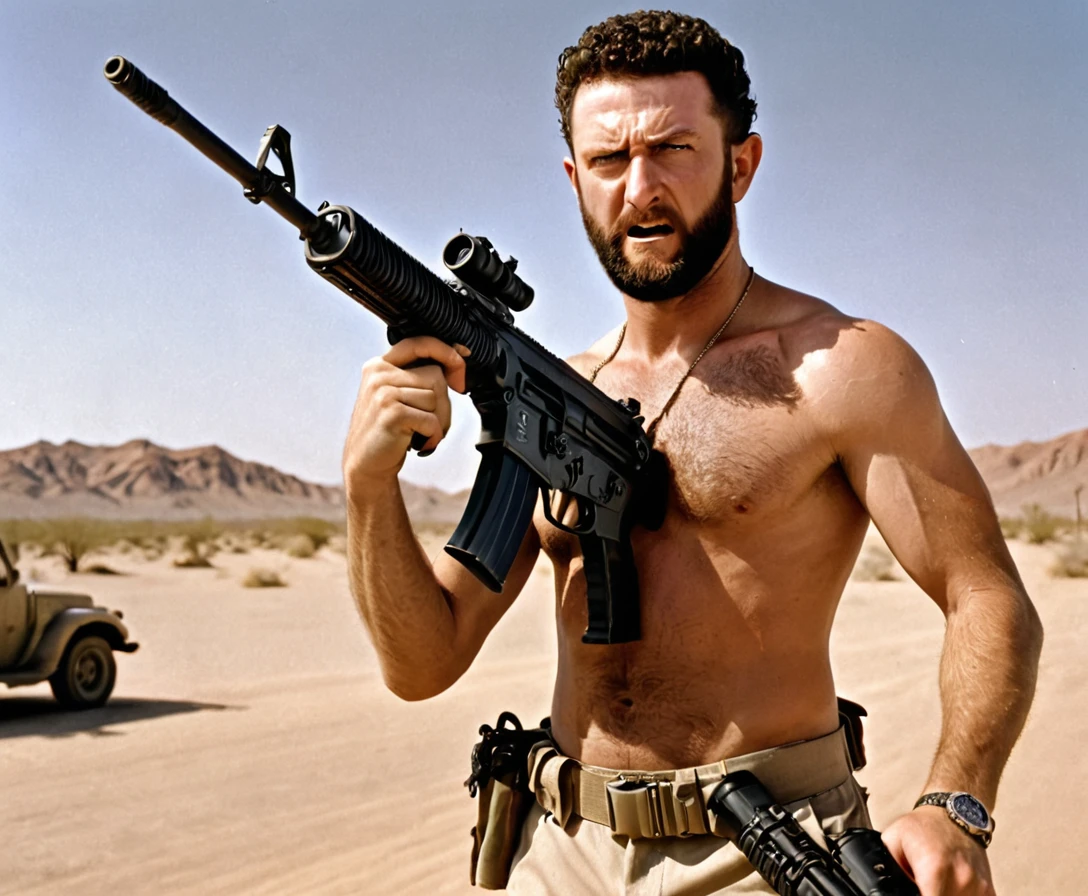 Dustin Diamond, Evil Eye, angry and frown, holding Machinegun, Running, Desert