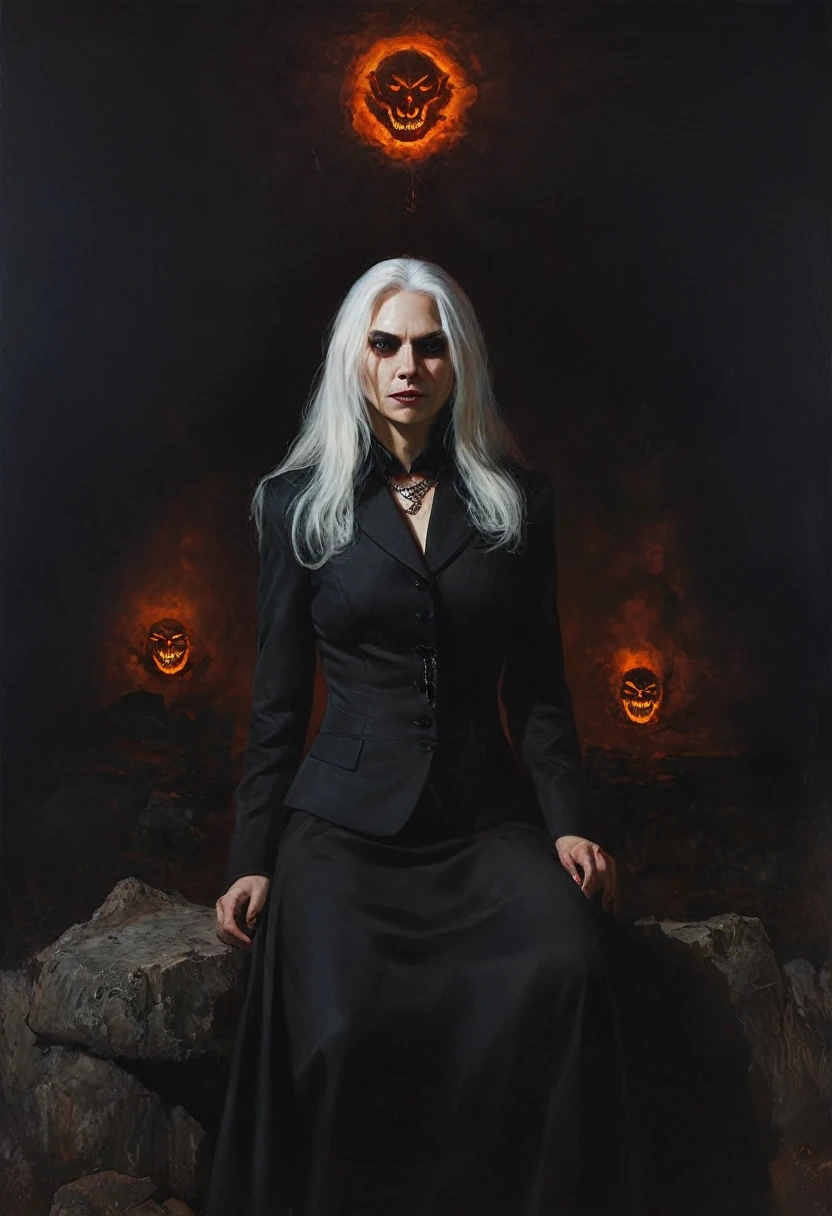 painting of a demonic beautiful devil woman,dressed in a black business suit, long white hair, sinister grin, glowing eyes, full-length against the backdrop of hell, powerfully and depravedly sitting on a black stone on a hill, holding chains in his hands, dynamic pose, are deep shadows, soft lighting, dark atmosphere, cinematic scene, volumetric lights, ultra realistic, in the style of nicola samori