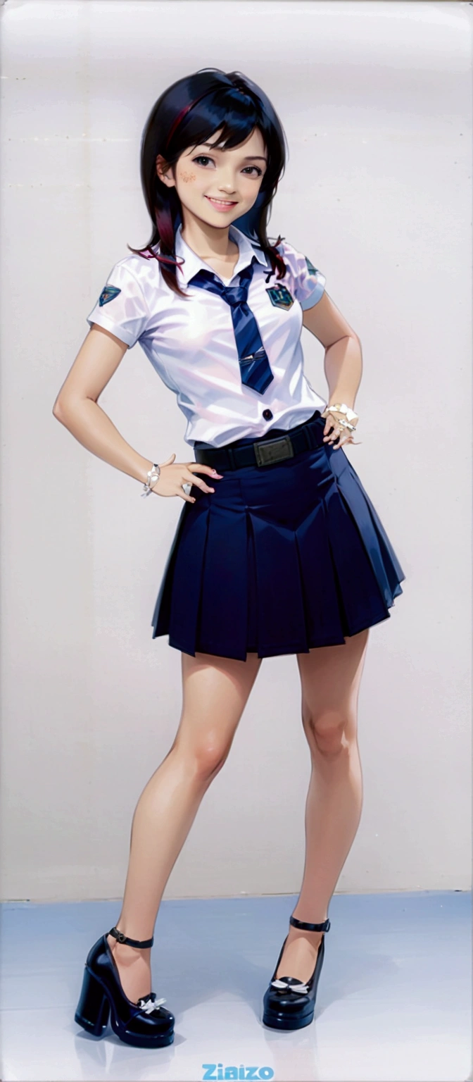 realistic anime illustration of pretty student age girl, smiling, standing, and arms akimbo at studio, (black shoulder length mullet hair girl), (wearing pink shirt with navy-blue tie, navy-blue pencil skirt, black heel cutshoe), (1girl, solo, full body), (masterpiece, best quality), (pink shirt with navy-blue tie, navy-blue pencil skirt, black heel cutshoe)