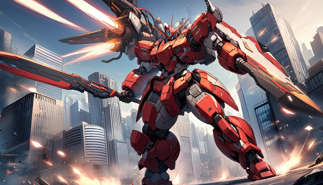 (RRS:1.2), best quality, masterpiece, ultra-detailed, mecha robot, (ultra-detailed mecha armor), full armor, (very large size mecha:1.5), (city:1.5), glowing eyes, (full body:1.2), (mechanical parts:1), (robot joints:1), (military parts:1.5), (heroic parts:0.1), cable, (battle-ready:1.2),(powerful stance:1.3),(Detailed eye description:1.2),(huge mechanical weapon:1.2), (detailed weapon description:1.2), (holding weapon and weapon :1.5)