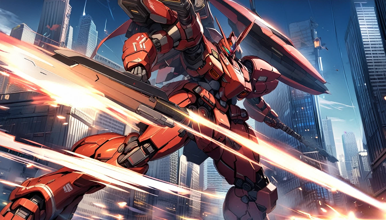 (RRS:1.2), best quality, masterpiece, ultra-detailed, mecha robot, (ultra-detailed mecha armor), full armor, (very large size mecha:1.5), (city:1.5), glowing eyes, (full body:1.2), (mechanical parts:1), (robot joints:1), (military parts:1.5), (heroic parts:0.1), cable, (battle-ready:1.2),(powerful stance:1.3),(Detailed eye description:1.2),(huge mechanical weapon:1.2), (detailed weapon description:1.2), (holding weapon and weapon :1.5)