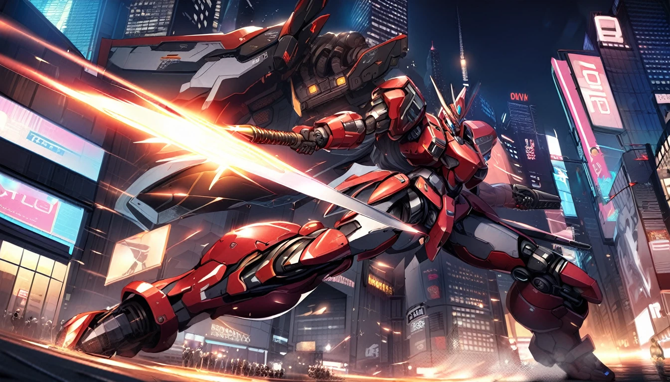 (RRS:1.2), best quality, masterpiece, ultra-detailed, mecha robot, (ultra-detailed mecha armor), full armor, (very large size mecha:1.5), (city:1.5), glowing eyes, (full body:1.2), (mechanical parts:1), (robot joints:1), (military parts:1.5), (heroic parts:0.1), cable, (battle-ready:1.2),(powerful stance:1.3),(Detailed eye description:1.2),(huge mechanical weapon:1.2), (detailed weapon description:1.2), (holding weapon and weapon :1.5)