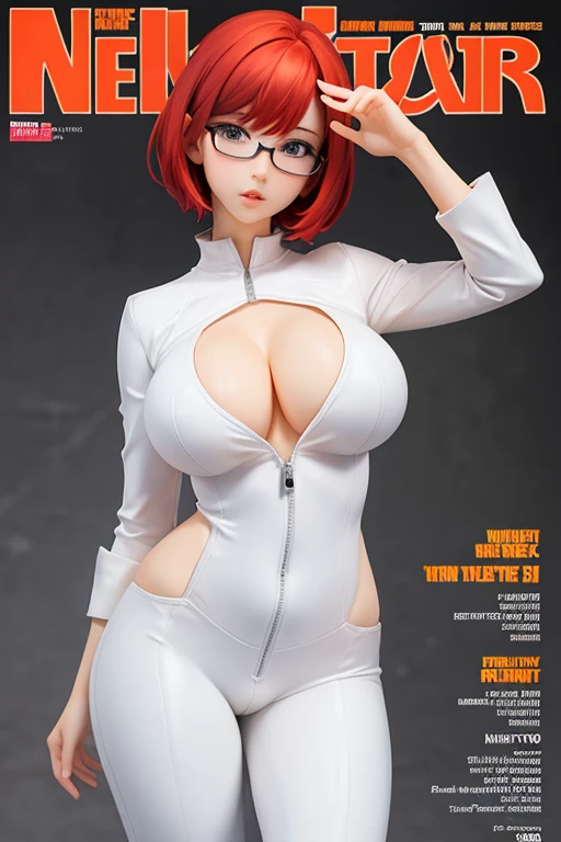 magazine cover, redhead, short hair, big breasts, sexy pose, white lingersuit, glasses