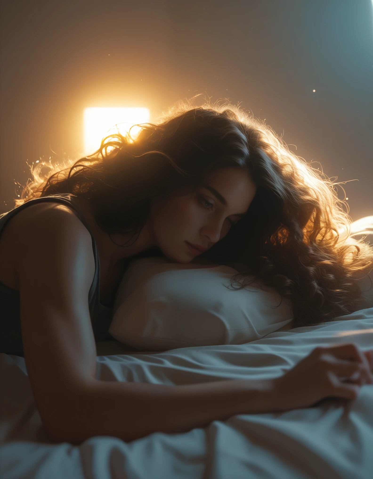 The image is a detailed illustration of a woman with long big tits, flowing hair and a greenish hue, lying on a bed in a relaxed position, wearing a gray tank top, Super resolution, Megapixel, ProPhoto RGB, VR, Bullish, epic, half back lighting, backlights, natural lighting, incandescent light, fiber optics, lighting mood lighting, cinema lighting, studio lighting, soft lighting, volumetric, sharp contrast, dark lighting