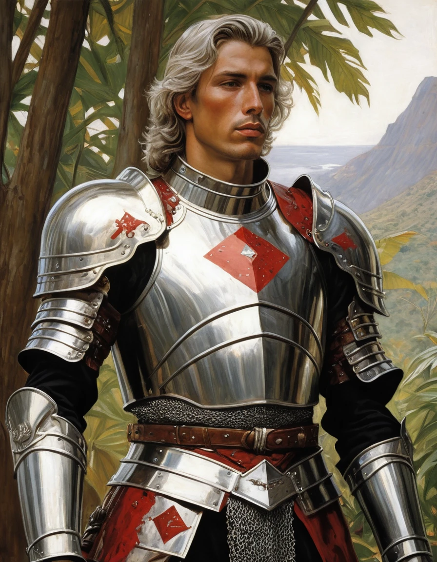 {Masterpiece, best quality, oil painting, soft tones, male focus}, ((by James Tissot, J. C. Leyendecker, Moebius)), (((the full body portrait of a male knight, sexy, tall, young, muscular, silver hair, tan skin, sullen, arrogant))), (((((covered in blood and viscera, wearing plate armor, with a red diamond shape in his chest. Jungle background, hawk moths flying)))))