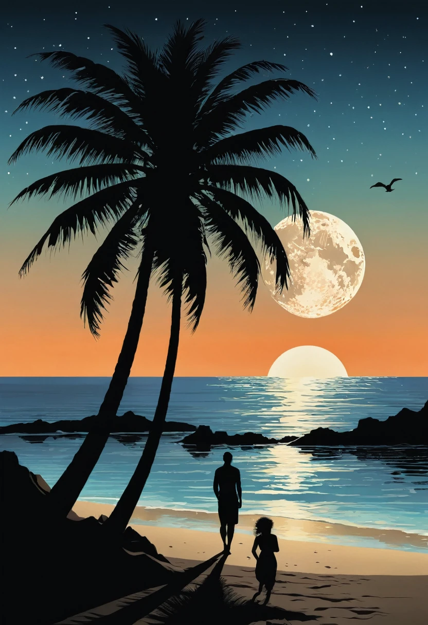 Depict a highly detailed scene of a black silhouette of a island person. Inside the silhouette is a beach scene at sunset, including a palm tree, sand, and the ocean. Outside of the silhouette is the moon and a dark sky