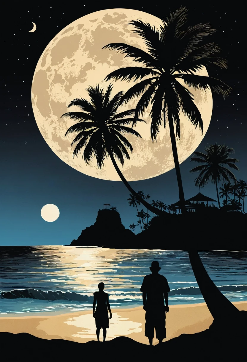 Depict a highly detailed scene of a black silhouette of a island person. Inside the silhouette is a beach scene at sunset, including a palm tree, sand, and the ocean. Outside of the silhouette is the moon and a dark sky