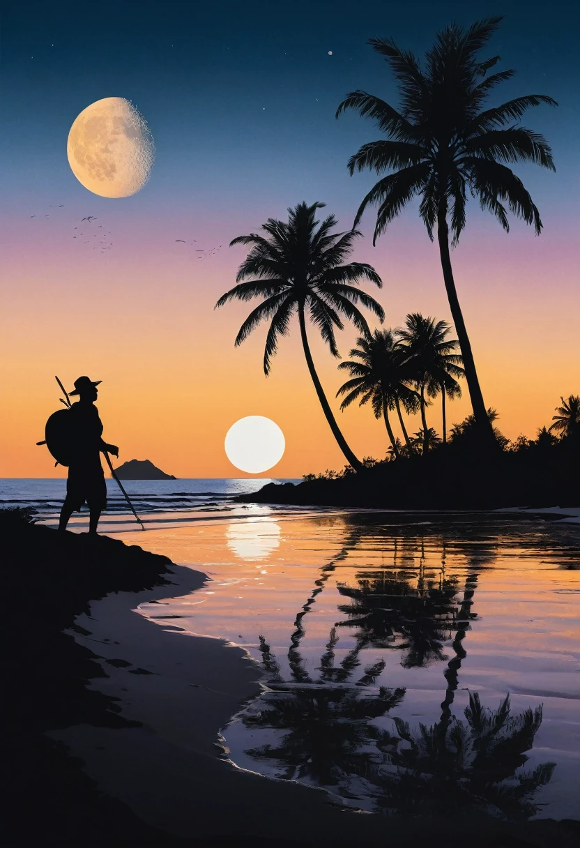 Depict a highly detailed scene of a black silhouette of a island person. Inside the silhouette is a beach scene at sunset, including a palm tree, sand, and the ocean. Outside of the silhouette is the moon and a dark sky