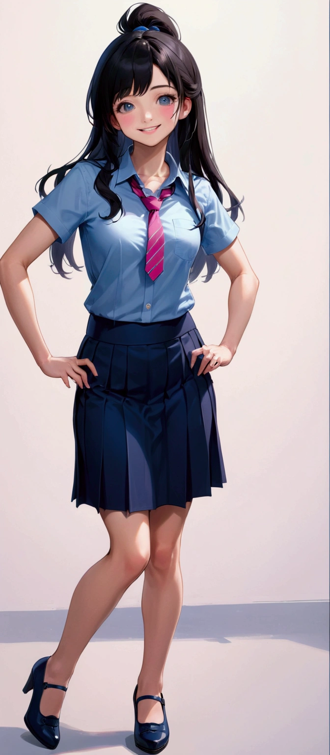 realistic anime illustration of pretty student age girl, smiling, standing, and arms akimbo at studio, (black shoulder length mullet hair girl), (wearing pink shirt with navy-blue tie, navy-blue pencil skirt, black heel cutshoe), (1girl, solo, full body), (masterpiece, best quality), (pink shirt with navy-blue tie, navy-blue pencil skirt, black heel cutshoe)
