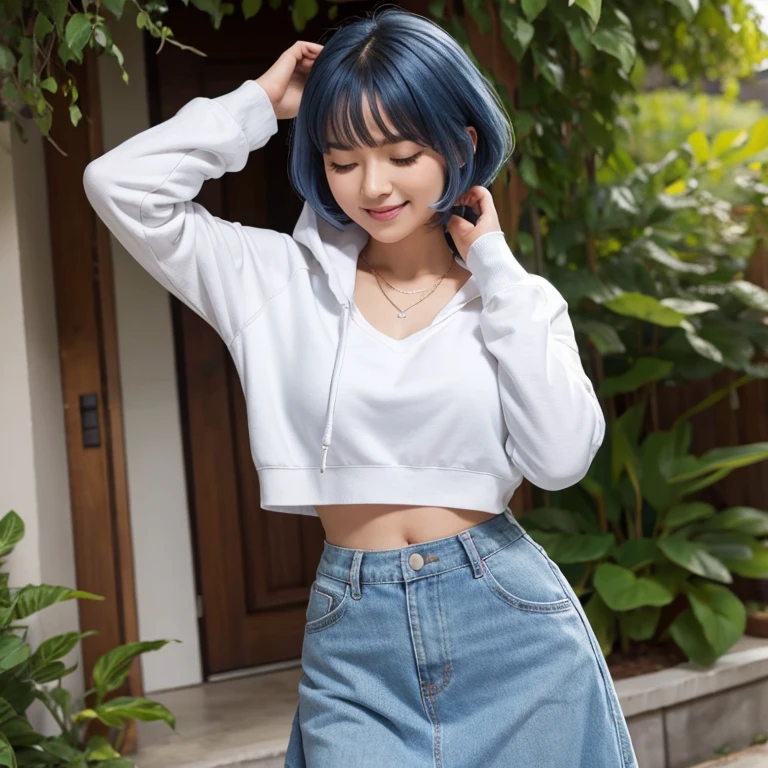 closed eyes, tongue out, :p, hands on own head, smile, short hair, hoodie, long sleeves, camisole, cat print, white skirt, Blue Hair, (masterpiece, best quality: 1.2), ultra detailed, highest detail, beautiful  
