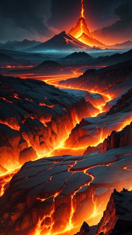 Fantastic hell tip landscape with lava rivers, mountains and fire with all details from the ground to the sky