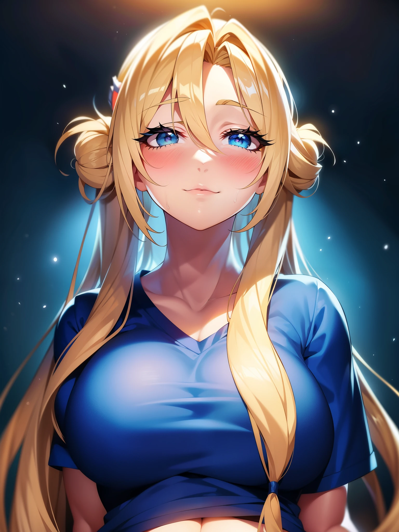 1girl, solo, portrait of a woman with blonde hair, long flowing pigtails, wearing a blue shirt, wearing a t-shirt, shirt tied in a shirt knot, exposed navel, anime illustration, anime girls, vivid colors, detailed facial features, dramatic lighting, digital painting, trending on ArtStation