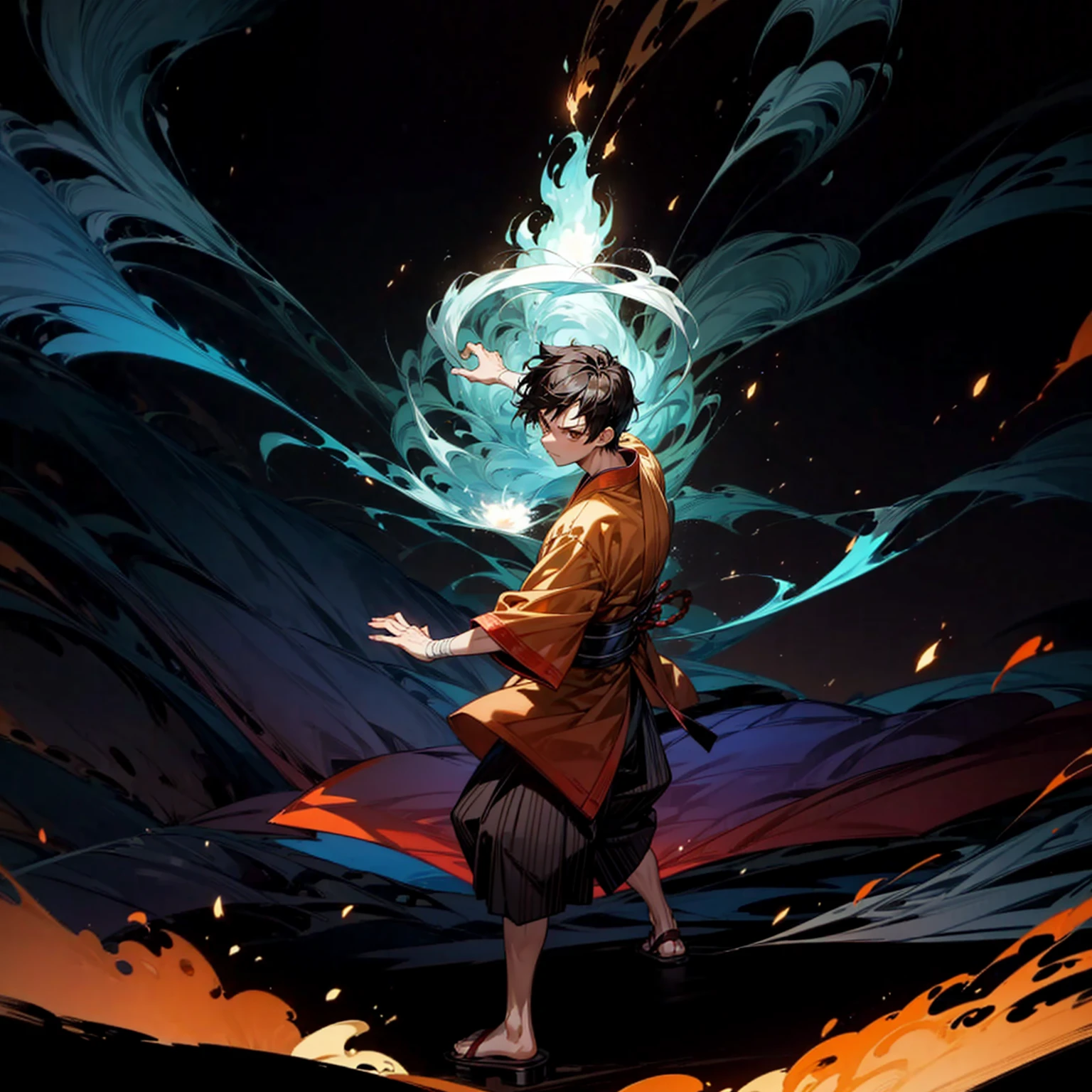 Solo, boy, full body version, Grassroots, ultra detailed, motion blur, brown eyes, black hair, short haircut, ancient Japanese traditional clothing style, Sandals, full background fire town, (one piece style art), standing gesture, big fire on hand, big fire in hand, Face focuses on hands, smoke effect on background, plasma effect, aura effect, light fire effect on hand, high angle view, bandage 