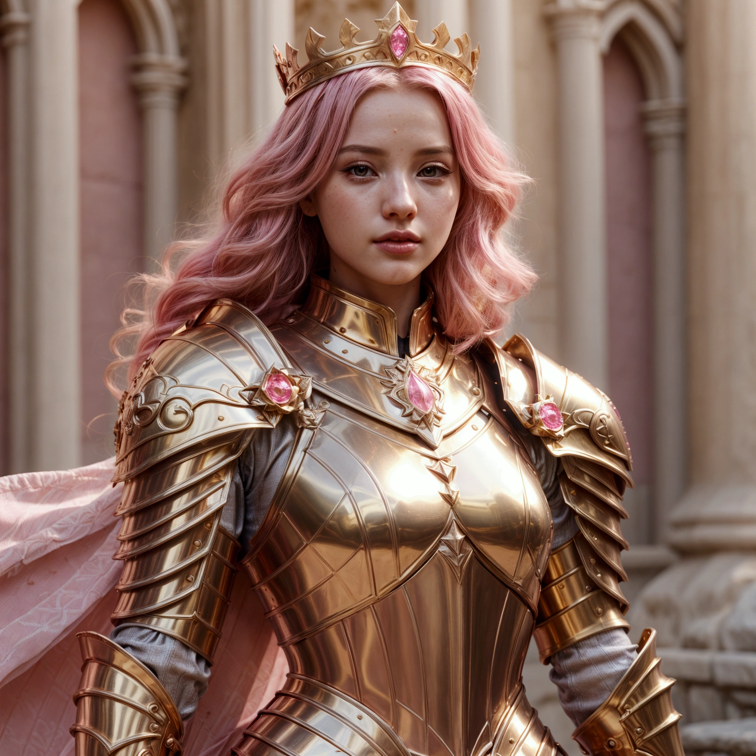 arafed woman in a gold armor and pink hair with a pink cape, girl in knight armor, dove cameron in a knight armor, beautiful female knight, of a beautiful female knight, alluring elf princess knight, 3 d render character art 8 k, a beautiful fantasy empress, dressed in light armor, fantasy style 8 k octane render, portrait knights of zodiac girl