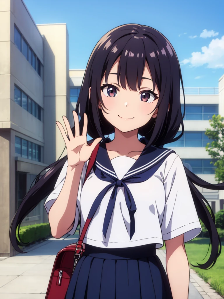 1girl, standing, (waving at the camera with left hand), (hand on chest with right hand), (head tilt), smile, 15yo, 1girl, standing, gentle smile, 15yo, head tilt,
school building on the back,
3-story white school building, outdoor, tree on side, (low twintails girl), low pigtails, red ribbon on hair, very long black hair, white serafuku with blue ribbon, navy-blue collar, navy-blue skirt, (dark brown eye), school bag on right shoulder, afternoon, summer, school, (from front:1.4), upper body, anime, high brightness, detailed face, detailed eyes, (high quality, ultra detailed, masterpiece, super detail, highres, anatomically correct, UDH), good hands, good fingers Japanese anime style, extremely cute