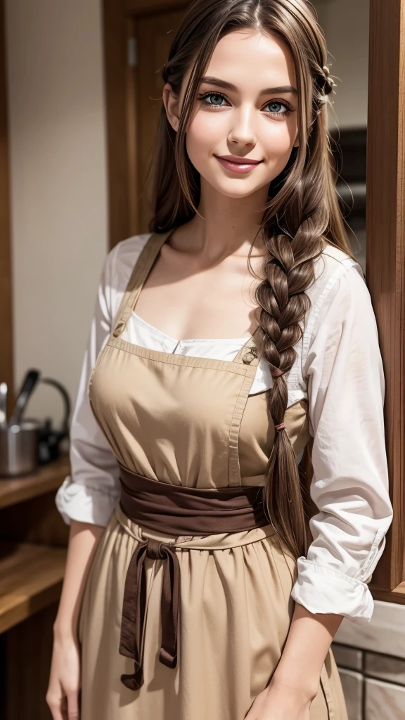 Elara is a slender girl with expressive, curious eyes and a warm, inviting smile. She has long, wavy brown hair often tied back in a loose braid. She wears simple, modest village clothing, usually a plain dress with an apron