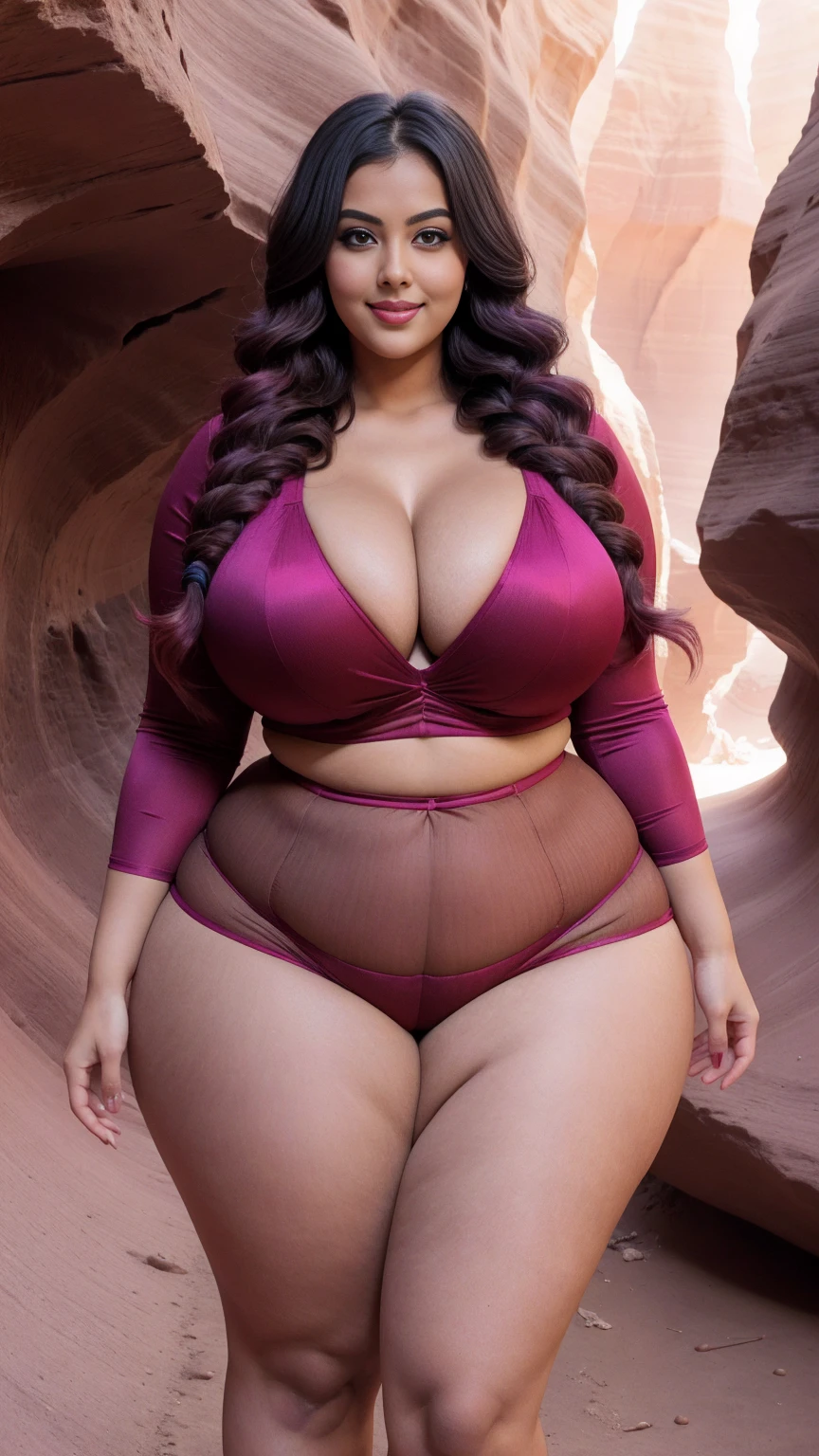 gorgeous curvy plus size Indian bengali actress ritavori , glowing eyes, wearing EMERY ROSE Abstract Graphic V-Neck Women's 3/4 Sleeve Summer Shirt Blouse , covered Bust, parted lips, blushing cheeks, thick thighs, bigger waist, busty, curvy plus size body, full body, full body shot, head to toe view, smoothning burgendy color hair with pfrench braid hairstyle, hourglass body, curvy plus size body, smile face, bigger waist, busty, big hips, fleshy thighs, thick thighs, busty, full body view, Antelope Canyon, Arizona, USA: Narrow, winding slot canyon with stunning light beams.