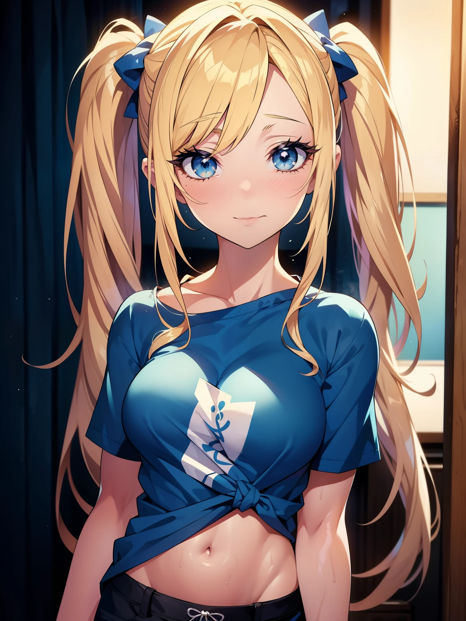 1girl, solo, portrait of a woman with blonde hair, long flowing pigtails, wearing a blue shirt, wearing a t-shirt, shirt tied in a shirt knot, exposed navel, anime illustration, anime girls, vivid colors, detailed facial features, dramatic lighting, digital painting, trending on ArtStation