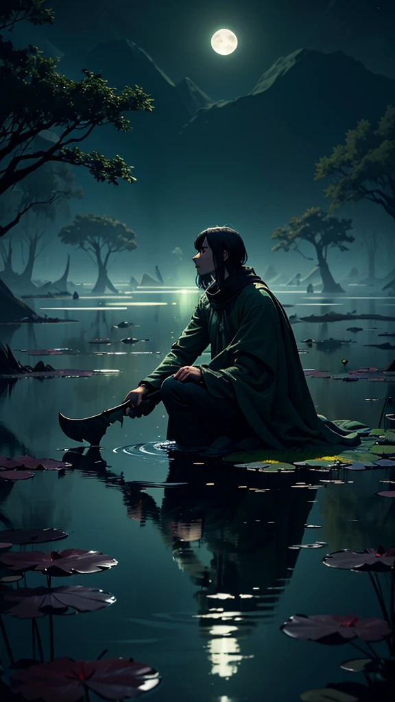 Create an image featuring a nocturnal swamp scene with a dark blue and green color palette for an enigmatic atmosphere. Include a full moon shining brightly in the center top of the composition, casting soft reflections on the water’s surface. Position a character resembling Shrek from DreamWorks’ animated movies in back view, sitting contemplatively on one side—preferably the left bottom —of the artwork, gazing at still waters dotted with lily pads. Ensure that tall, leafless tree silhouettes are present in the background to enhance this mysterious nighttime setting. Dark fantasy style, UHD