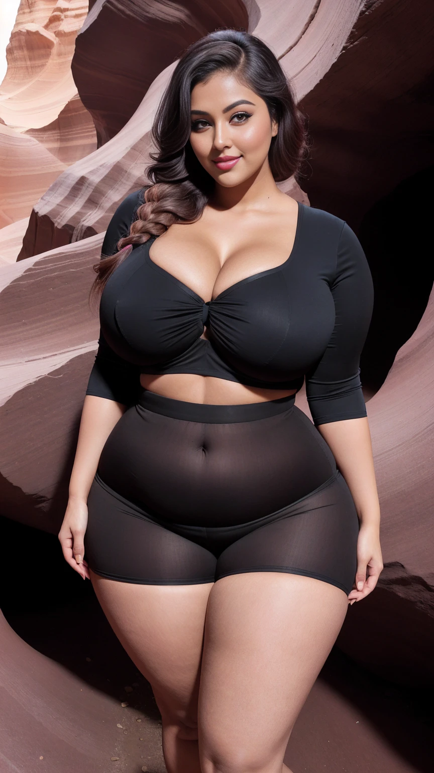 gorgeous curvy plus size Indian bengali actress ritavori , glowing eyes, wearing EMERY ROSE Abstract Graphic V-Neck Women's 3/4 Sleeve Summer Shirt Blouse , covered Bust, parted lips, blushing cheeks, thick thighs, bigger waist, busty, curvy plus size body, full body, full body shot, head to toe view, smoothning burgendy color hair with pfrench braid hairstyle, hourglass body, curvy plus size body, smile face, bigger waist, busty, big hips, fleshy thighs, thick thighs, busty, full body view, Antelope Canyon, Arizona, USA: Narrow, winding slot canyon with stunning light beams.