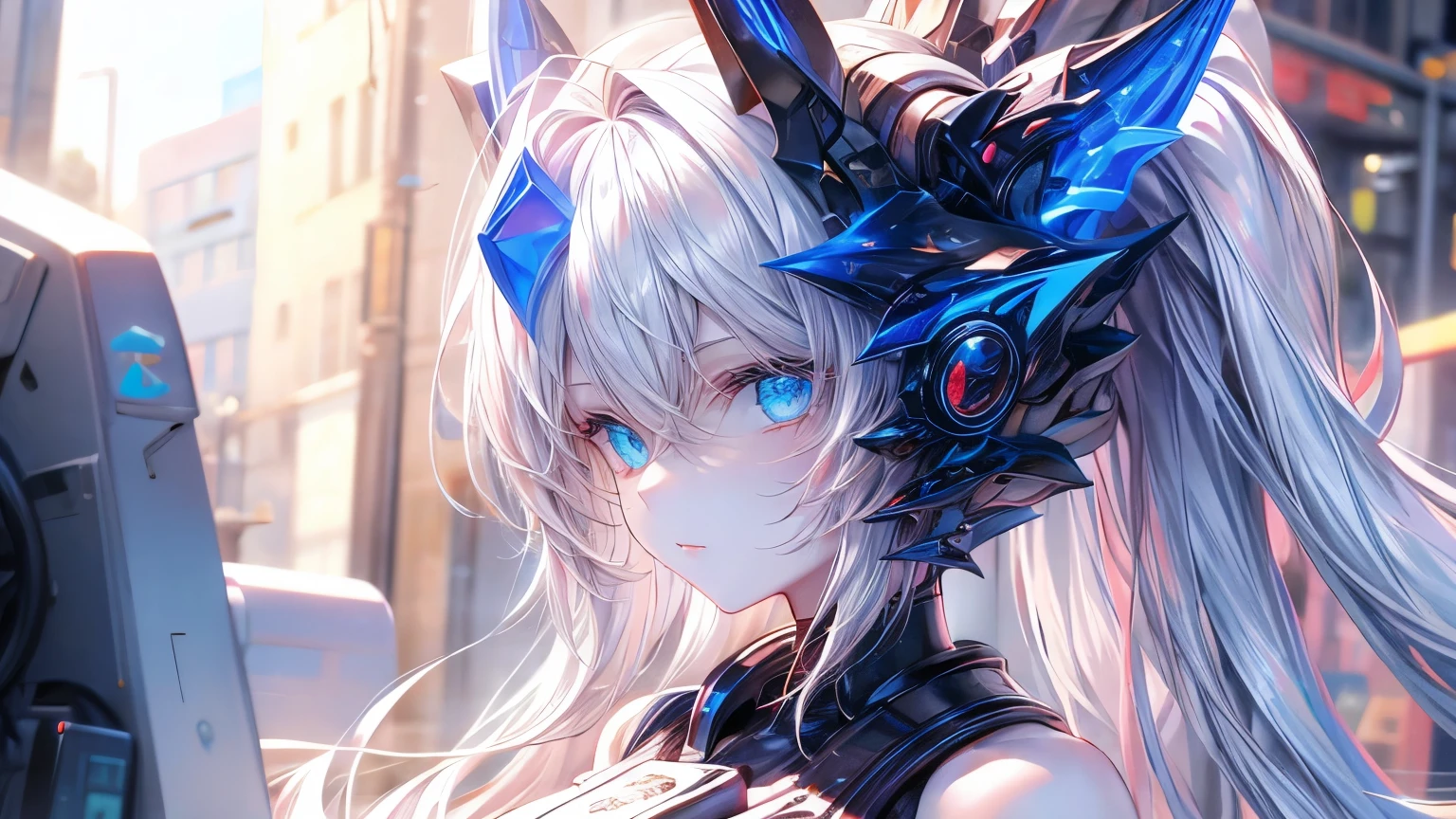 flin color, gradiint eyes, 1 girl, hits, blue_eyes, breasts, closed_boca, Hallowe'in, Jack-o'-lantern, big_breasts, ling_hair, ling_sleeves, looking_in_viewer, mintiindo, in_back, pumpkin, shirt, Alone, Superior_body, white_hair, white_shirt ((cin-like boca, presumed)),